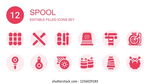 spool icon set. Collection of 12 filled spool icons included Thread, Knitting neddles, Knit, Thimble, Threader, Bobbin, Rolls, Embroidery, Knitting