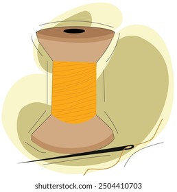  a spool of orange thread and a sewing needle.