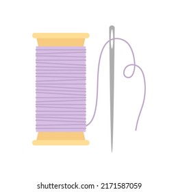 spool of purple thread with needle in flat style, vector illustration isolated on white background