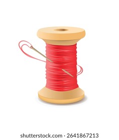 Spool of red thread with needle on white background. Vector 3d illustration