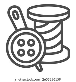 Carretel de fio com botão e ícone de linha de agulha, conceito de ferramentas de costura. Gráficos vetoriais. Agulha com tampa e carretel sinal no fundo branco, ícone de estilo de contorno para design móvel ou web