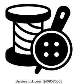 Carretel de linha com botão e ícone sólido agulha, conceito de ferramentas de costura. Gráficos vetoriais. Agulha com tampa e carretel sinal em fundo branco, ícone de estilo glifo para design móvel ou web
