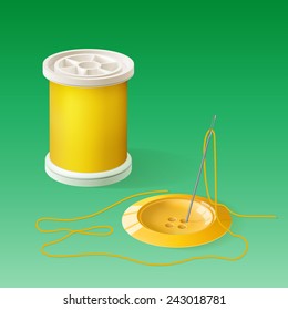 Spool of thread and button with needle, vector graphic