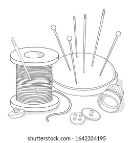 Spool of thread, buttons, thimble, and sewing needles. Needlework and handmade themes. Monochrome vector illustration in sketch style. Black outline on a white background.