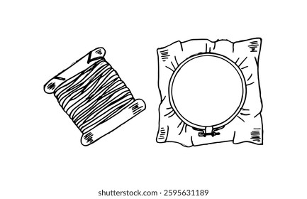 Spool of thread and an embroidery hoop with fabric, vector hand-drawn.