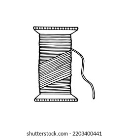 Spool of thread line art. Sewing threads. Tailor profession. Hand drawn vector doodle illustration.