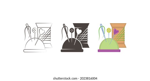 Spool of thread, needle bar, needle and pins. A set of contour, silhouette and multicolored images. Vector illustration.