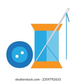 Spool of thread, needle and button. Clothing repair kit. Multicolored flat vector icon representing clothes concept isolated on white background