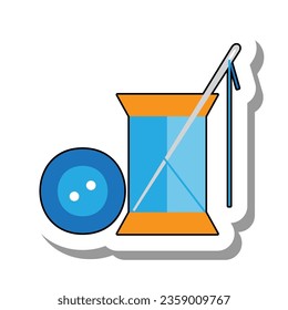 Spool of thread, needle and button flat paper sticker icon. Equipment and items for repairing clothes isolated on white background. Needlework and tailoring, craft kit, hobby concept