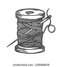 Spool Of Thread And Needle Engraving Vector Illustration. Scratch Board Style Imitation. Hand Drawn Image.