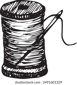 Spool of thread with a needle hand drawn sketch