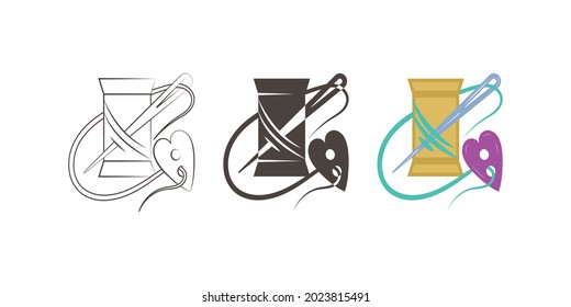 Spool of thread, needle and heart button. A set of contour, silhouette and multicolored images. Vector illustration.