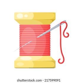 Spool of thread and needle red with highlights and shadows. Isolated on white background. Vector illustration. 