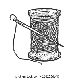 Spool Of Thread With A Needle. Scratch Board Imitation. Black And White Hand Drawn Image. Engraving Vector Illustration