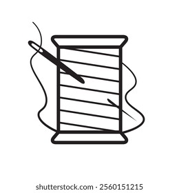 Spool of thread, needle with thread, sewing icon, black and white, outline vector, embroidery tool.