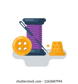 Spool of thread with a needle and a thimble. Cartoon icon. Logo for atelier tailoring. Tailor tools. Vector illustration flat design. Isolated on white background. Sewing craft. Purple thread.