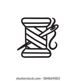 Spool of thread and needle vector sketch icon isolated on background. Hand drawn Spool of thread and needle icon. Spool of thread and needle sketch icon for infographic, website or app.