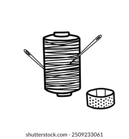 Carretel de linha com agulhas presas e composição do dedal. Acessórios para costureira isolada sobre fundo branco. Ilustração de vetor desenhada à mão em estilo doodle. Perfeito para costura manual