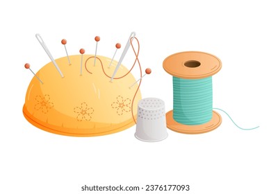 Spool of thread with pincushion and thimble. Sewing tools isolated on white background. Cartoon vector illustration