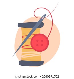 Spool of thread with red button and needle. Tailor's tool element for a handmade clothing store, tailor shop and sewing courses. Hand drawn illustration isolated on a white background.