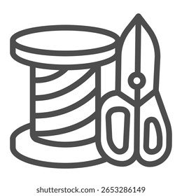 Espiral de linha com ícone de linha de tesoura, conceito de ferramentas de costura. Gráficos vetoriais. Tesoura e carretel, sinal de acessório artesanato no fundo branco, ícone de estilo de contorno para design móvel ou web