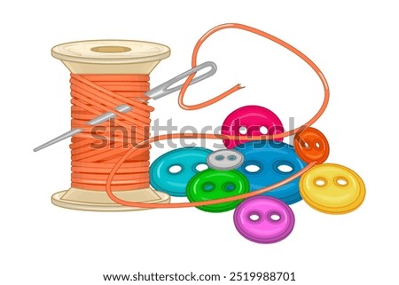 Spool of thread with sewing needle and clothing buttons on white background. Sewing kit with buttons, thread and needle. Clothing fastener or tailor items. Fashion and needlework. Vector illustration
