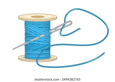 Spool of thread and sewing needle on white background. Coil of threads. Reel, yarn and needle for tailor. Wooden bobbin with cotton and needle for sewing, embroidery or stitching. Vector illustration