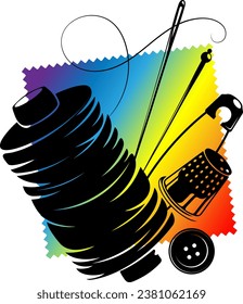 Spool of thread, sewing needle, pin and thimble. Symbol for sewing and cutting