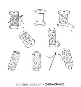 Spool of Thread and Sewing Needle set. Hand-drawn vector illustration isolated on a white background.