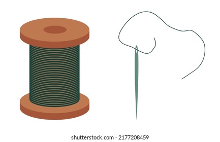 Spool of thread and a sewing needle. Tools for sewing clothes and embroidery. Hobby and craft items. Flat style. Vector illustration