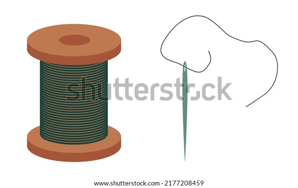 Spool of thread and a sewing needle. Tools\
for sewing clothes and embroidery. Hobby and craft items. Flat\
style. Vector\
illustration