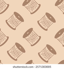 Spool of Thread Sewing Seamless Pattern. Hand drawn brown beige background with falling sew items. Needlecraft tailor repeat vector illustration in doodle style