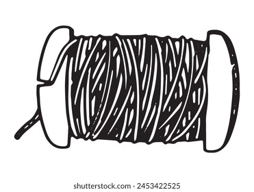 Spool of thread sketch. Tools for sewing work, tailor doodle. Outline vector illustration in retro engraving style.