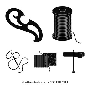A spool with threads, a needle, a curl, a seam on the fabric.Sewing or tailoring tools set collection icons in black style vector symbol stock illustration web.