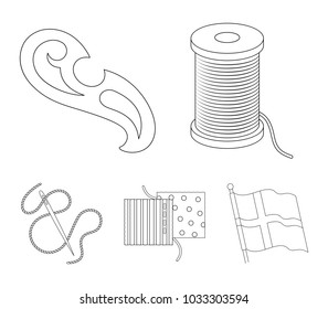 A spool with threads, a needle, a curl, a seam on the fabric.Sewing or tailoring tools set collection icons in outline style vector symbol stock illustration web.