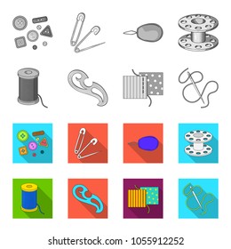 A spool with threads, a needle, a curl, a seam on the fabric.Sewing or tailoring tools set collection icons in monochrome,flat style vector symbol stock illustration web.