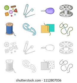 A spool with threads, a needle, a curl, a seam on the fabric.Sewing or tailoring tools set collection icons in cartoon,outline style vector symbol stock illustration web.