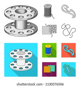 A spool with threads, a needle, a curl, a seam on the fabric.Sewing or tailoring tools set collection icons in monochrome,flat style vector symbol stock illustration web.