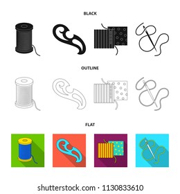 A spool with threads, a needle, a curl, a seam on the fabric.Sewing or tailoring tools set collection icons in black,flat,outline style vector symbol stock illustration web.