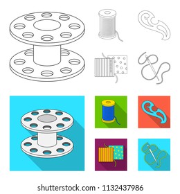 A spool with threads, a needle, a curl, a seam on the fabric.Sewing or tailoring tools set collection icons in outline,flat style vector symbol stock illustration web.