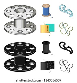 A spool with threads, a needle, a curl, a seam on the fabric.Sewing or tailoring tools set collection icons in cartoon,black style vector symbol stock illustration web.