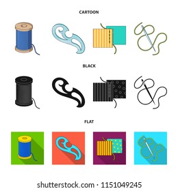 A spool with threads, a needle, a curl, a seam on the fabric.Sewing or tailoring tools set collection icons in cartoon,black,flat style vector symbol stock illustration web.