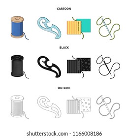 A spool with threads, a needle, a curl, a seam on the fabric.Sewing or tailoring tools set collection icons in cartoon,black,outline style vector symbol stock illustration web.