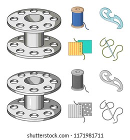 A spool with threads, a needle, a curl, a seam on the fabric.Sewing or tailoring tools set collection icons in cartoon,monochrome style vector symbol stock illustration web.
