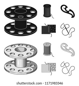A spool with threads, a needle, a curl, a seam on the fabric.Sewing or tailoring tools set collection icons in black,monochrome style vector symbol stock illustration web.