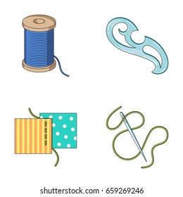 A spool with threads, a needle, a curl, a seam on the fabric.Sewing or tailoring tools set collection icons in cartoon style vector symbol stock illustration web.