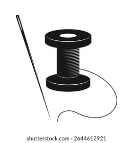 carretel de fios e agulha, ilustração vetorial preto e branco