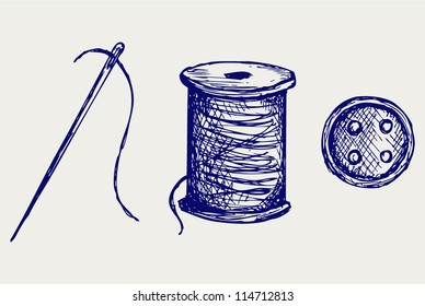 Spool With Threads And Sewing Button. Doodle Style