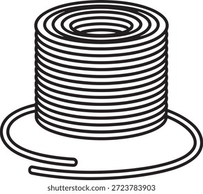 Spool de fio elétrico preto firmemente ferido é mostrado em um desenho de contorno simples com uma extremidade não enrolada descansando perto da base contra um fundo branco.