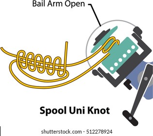 Spool uni knot for spinning reel vector diagram marked with a name Bail arm open